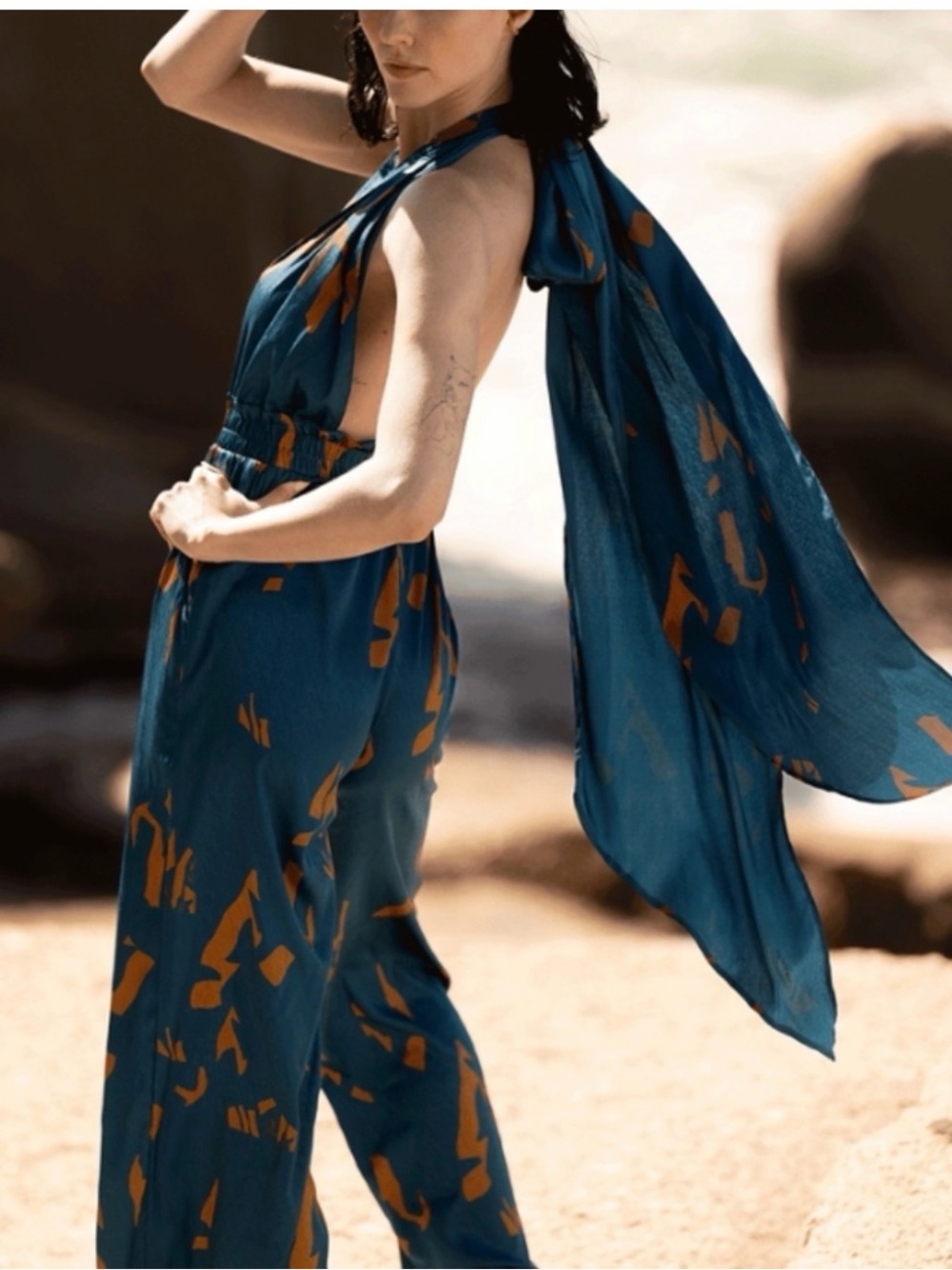 Diarrablu Teal and Rust Abstract Halter Jumpsuit